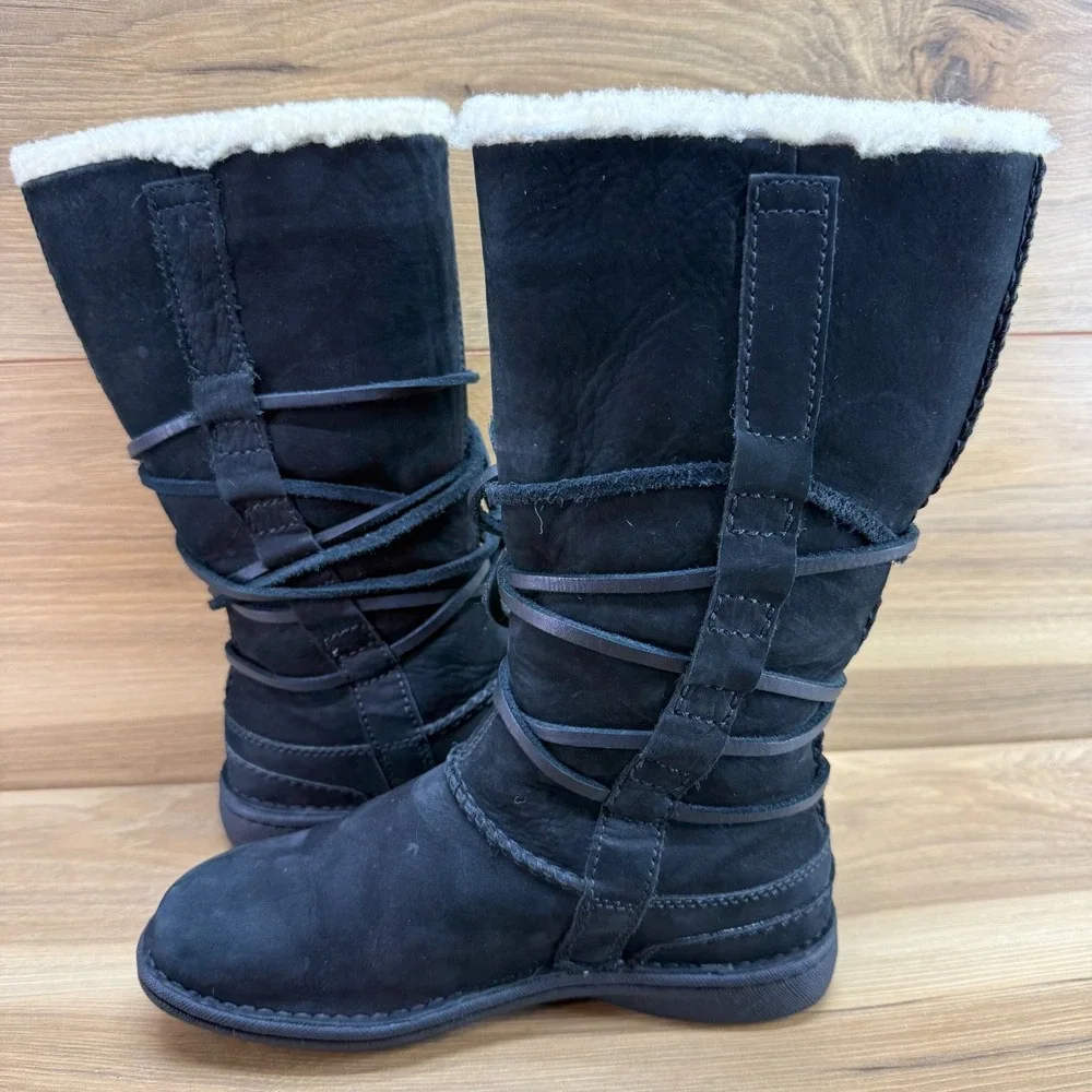 UGG Catalina Tie Lace Mid Calf Boot Womens 5 Black Leather Sherpa Shearling 1664